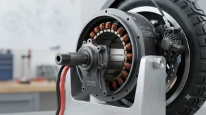 Close-up of a 1500w electric scooter motor showing high-torque climbing capability.
