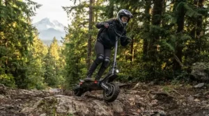 High-performance 1500W electric scooter navigating rough off-road trails.