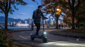 2000w electric scooter with bright LED safety lights riding through a Canadian city at dusk.