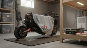 A 2000w electric scooter being prepared for indoor winter storage in a dry area.