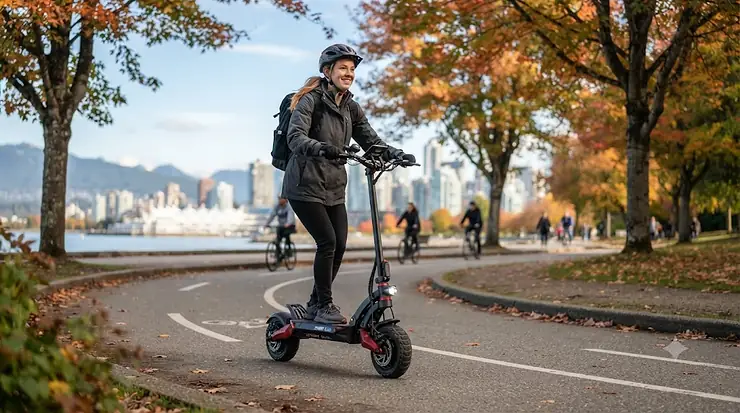 A person riding a 2000w electric scooter on a paved bike path in a Canadian city during autumn. 2000w electric scooter canada