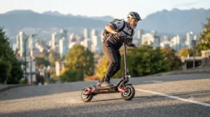 A powerful 2000w electric scooter climbing a steep urban incline with ease.
