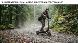 Dual motor scooter navigating gravel paths for enhanced off-road performance.