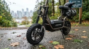 Durable electric scooter for long distance travel equipped with sturdy tires for Canadian autumn and spring commuting.