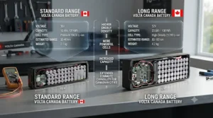 Infographic graphic comparing watt-hours (Wh) and battery cells in a long range vs standard range electric scooter for reliable daily commuting across Canada.