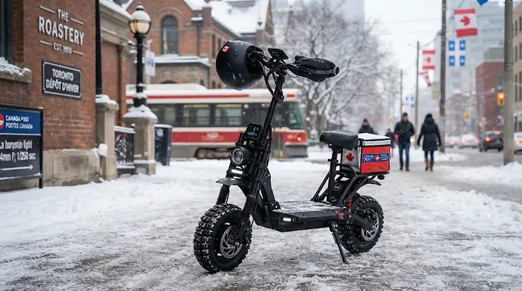 A powerful 1500W electric scooter for winter in Canada, featuring deep-tread tires and a rugged frame, parked on a snowy city street. electric scooter for winter canada 1500w