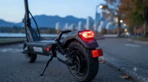 User safely charging an electric scooter battery at a home outlet.