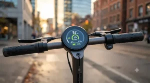 Infographic showing battery longevity and kilometers per charge for a cheap long range electric scooter designed for Canadian commuters.