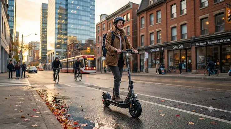 A cheap long range electric scooter parked on a downtown Toronto street, offering Canadian urban commuters an affordable and eco-friendly ride.