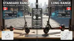 Guide illustration showcasing a long range vs standard range electric scooter with English and French labels for riders across Canada (trottinette électrique).