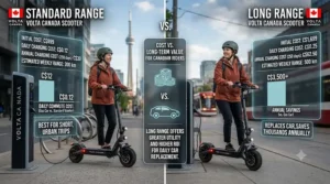 Economic value breakdown estimating savings on gas and parking when choosing a long range vs standard range electric scooter for Canadian lifestyle needs.