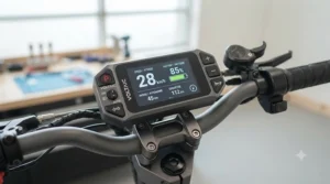 Close-up of a 1500w electric scooter LED dashboard with speed and range info.