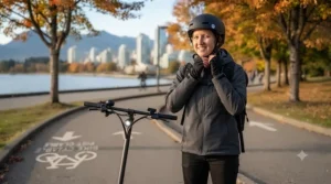An e-scooter rider in a designated urban bike lane in a Canadian city.