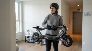 Close-up of high-quality disc brakes on a performance electric scooter.