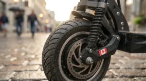 Technical illustration highlighting puncture-resistant pneumatic tires built for an electric scooter for long commutes.