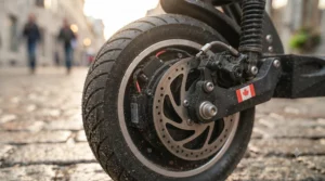 Close-up technical illustration of electronic and disc brakes on an electric scooter for long commutes.