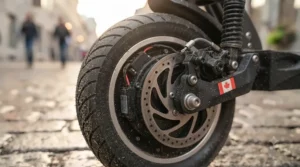 Graphic illustration depicting dual-suspension wheels absorbing urban road bumps for an electric scooter for long commutes in Montreal.