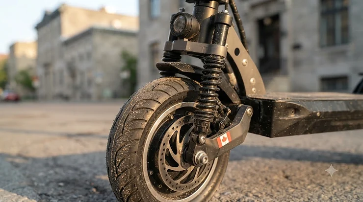 A commuter riding an electric scooter for long commutes past downtown Toronto, highlighting long battery range for Canadian city travel.