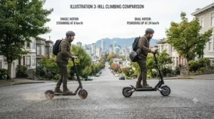 Comparison chart: dual motor vs single motor scooter climbing a steep incline.