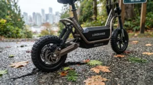 Dual-suspension system on an electric scooter for long distance travel riding smoothly over urban pavement cracks.