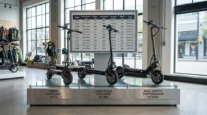 Detailed view of flat-proof pneumatic tires on a city scooter.