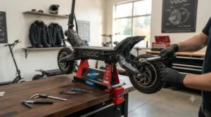 A heavy-duty electric scooter frame supporting a rider with gear.