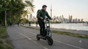 Diagram showing a high-capacity lithium battery powering an extended range electric scooter for long Canadian commutes.