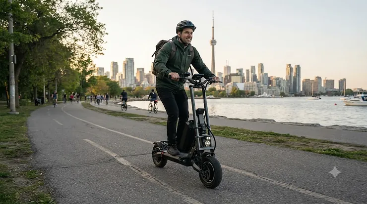 An extended range electric scooter parked along a scenic Toronto waterfront trail, built for long-distance urban commuting across Canada.