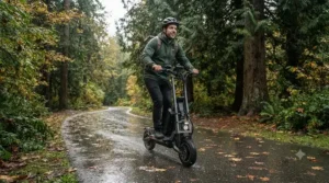 A commuter riding an extended range electric scooter down a vibrant Montreal bike lane during morning rush hour.