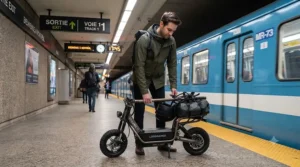 Commuter folding an electric scooter for long distance travel before boarding a public transit train in Montreal.