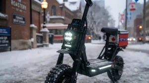 Front and rear high-visibility LED lights on an electric scooter for dark Canadian winter commutes.