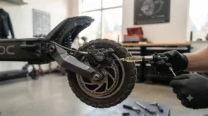 Close-up of high-performance hydraulic disc brakes on a 1500W scooter.
