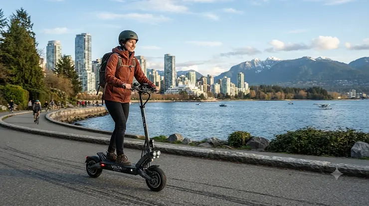 Side-by-side comparison of a long range vs standard range electric scooter parked on a downtown Toronto street, highlighting battery capacity and commute choices for Canadian riders.