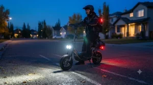 Rider using bright LED headlights on an electric scooter for long distance travel during an evening commute in Calgary.