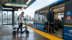 Commuter folding a standard range electric scooter next to a long range model for easy integration with Canadian public transit systems like the TTC or SkyTrain.