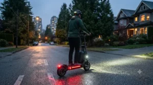 A compact, foldable extended range electric scooter being carried easily into a downtown office building.