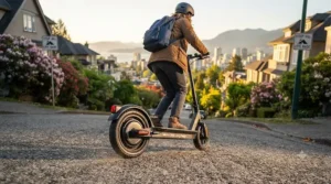 A rider effortlessly climbing a steep urban hill on a cheap long range electric scooter with a high-torque motor.