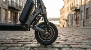 A powerful motor driving an extended range electric scooter up a steep incline on a hilly Vancouver street.