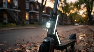 Bright LED headlight and safety lights illuminated on a cheap long range electric scooter for safe night riding in Canada.