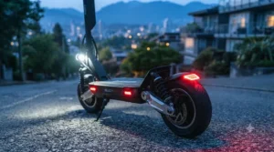 Bright LED headlight and safety lights illuminated on an extended range electric scooter for safe evening riding in Canada.