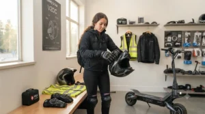 A rider wearing safety gear while operating a high-power electric scooter.