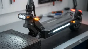 Bright safety LED lights on a 1500w electric scooter for night-time visibility.