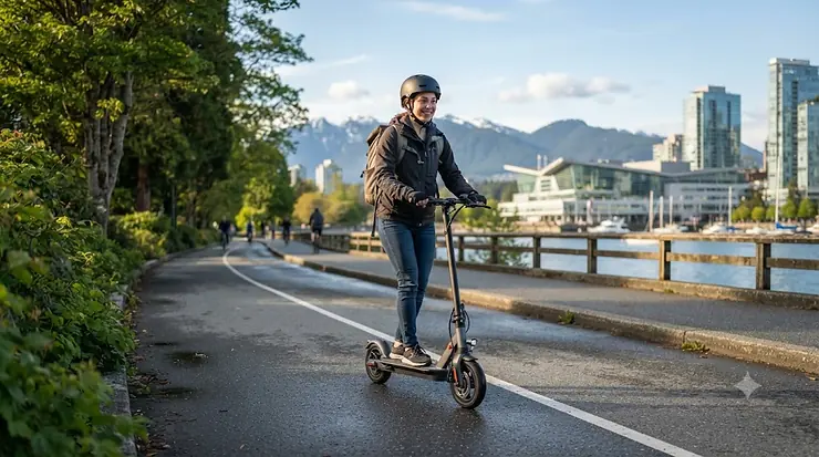 A commuter riding a single motor electric scooter on a paved Canadian city bike path.