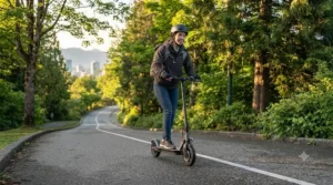 A rider navigating an incline on a single motor electric scooter on a tree-lined Canadian park path.
