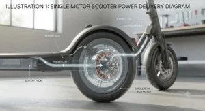 Diagram showing power delivery to one rear wheel on a single motor scooter.