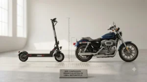 Side-by-side scale comparison of an electric scooter and a standard electric motorcycle.