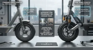 Close-up of suspension and pneumatic tires on a long range vs standard range electric scooter designed to absorb bumps on uneven Canadian pavement.