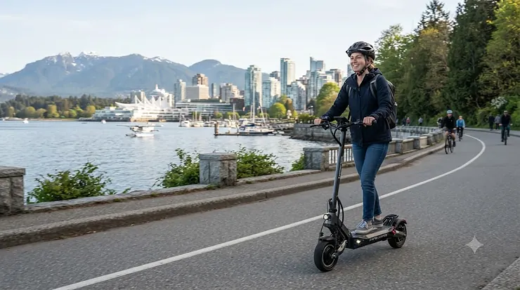Person riding a long-range electric scooter on a Canadian city bike path. top long range electric scooters under $1200 CAD