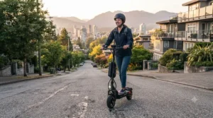 Professional commuter riding an affordable high-performance electric scooter past a downtown Canadian transit station.