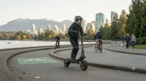 An electric scooter being ridden safely on a designated Canadian bike path.